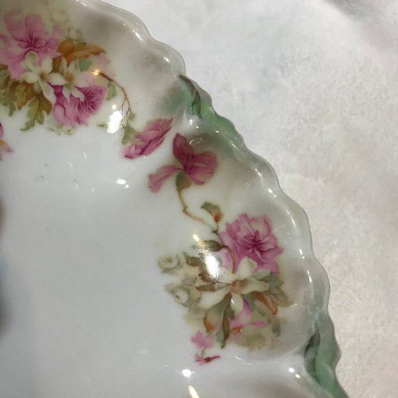 MZ Austria * Pink Flowers White Porcelain Bown Green Accents EUC Vintage Dessert - Picture 7 of 9